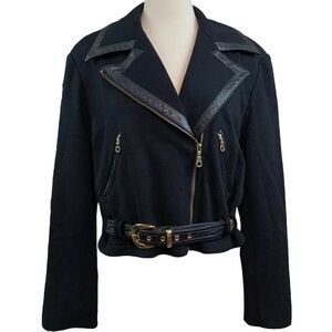 Vtg Suzelle Wool Blend Leather Trim Belted Moto Jacket Black Gold Size Small